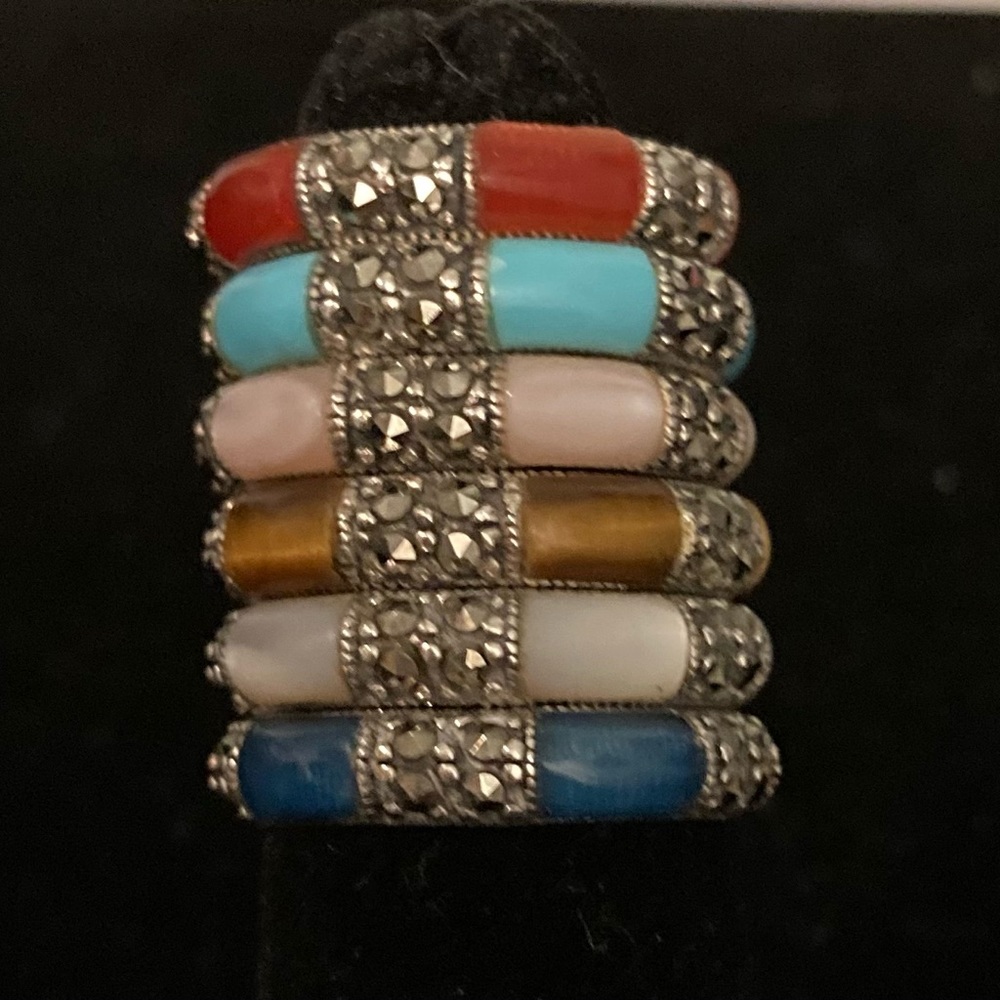 Set of 6 Sterling Silver Marcasite and Gemstone Inlay Band Rings - Picture 2 of 7